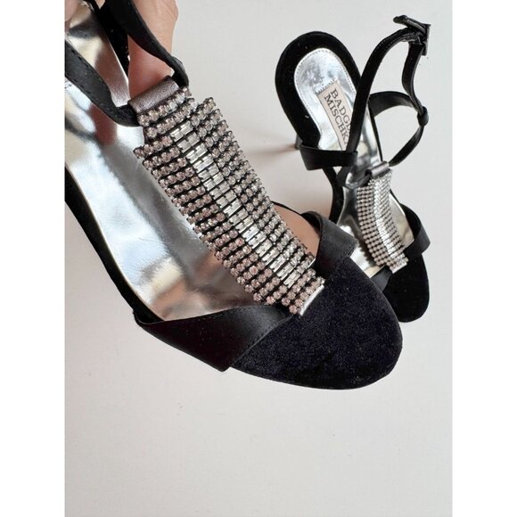 BADGLEY MISCHKA Java Black Satin Velvet Crystal TT-Stra Stiletto Heels, Size 7.5 - Picture 5 of 15
